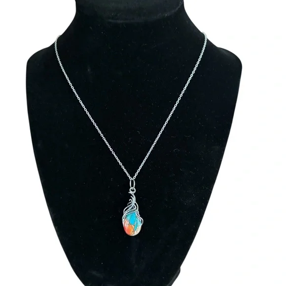 💥2/$24 or 3/$30💥 Silver Necklace with Turquoise and Orange Mosiac Stone. NWT - Picture 2 of 7